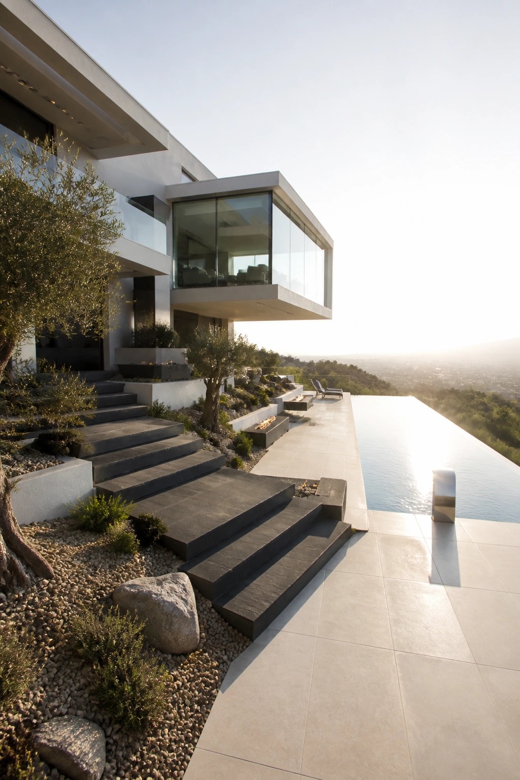 Modern hillside villa with infinity pool, stone steps, and glass balcony at sunset.