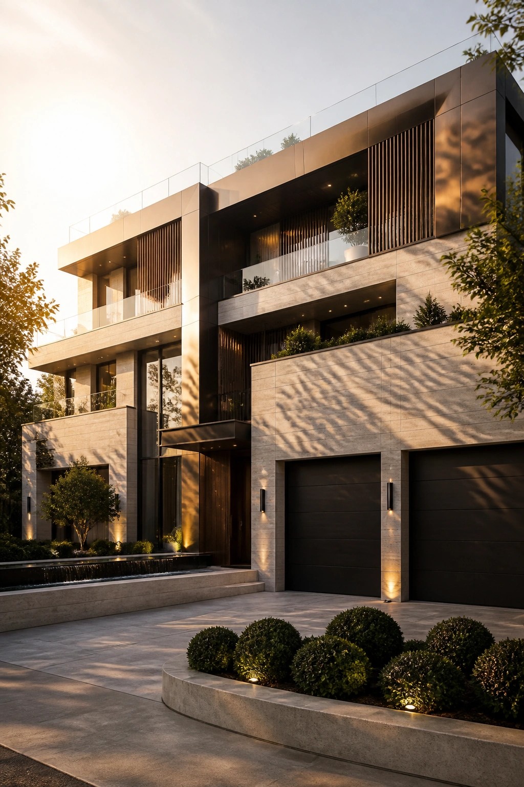 Modern luxury home with stone facade, black double garage, balconies, and landscaped driveway.