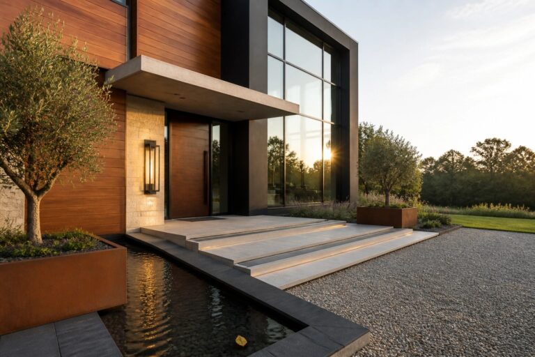 16 Modern Mansion Exterior Ideas That Showcase Luxury Architecture Modern mansion exterior featuring a prominent wooden front door beneath a concrete overhang, with lit concrete steps and a linear water feature leading to the entrance.