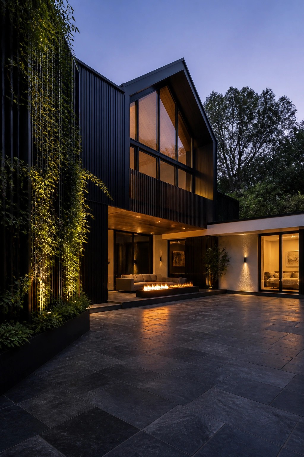 Modern dark house exterior at dusk with a large stone courtyard, linear fire pit, and outdoor sofa seating.