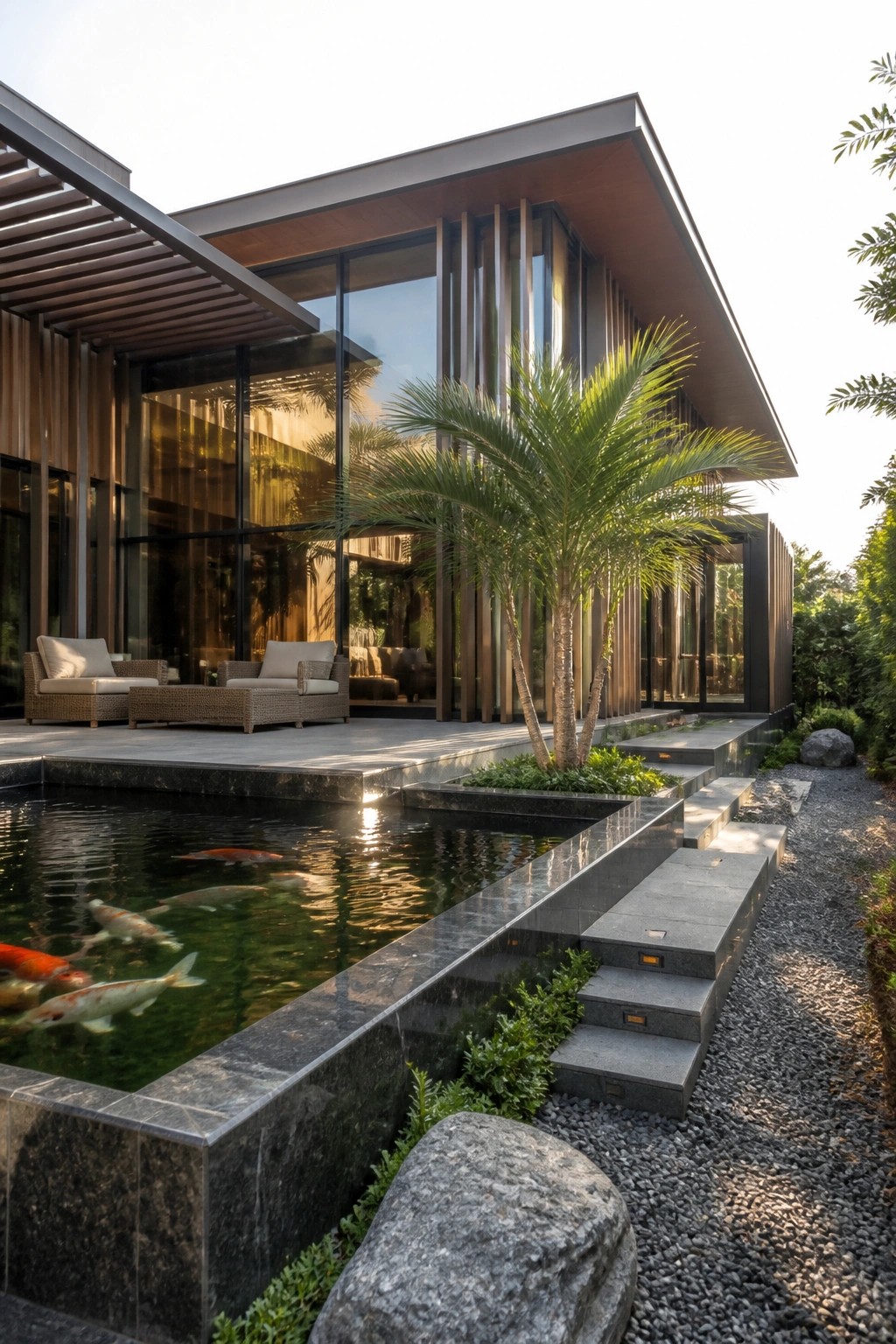Modern house exterior with large glass windows, a koi pond containing several fish in the foreground, stone steps, and a gravel path beside a palm tree.