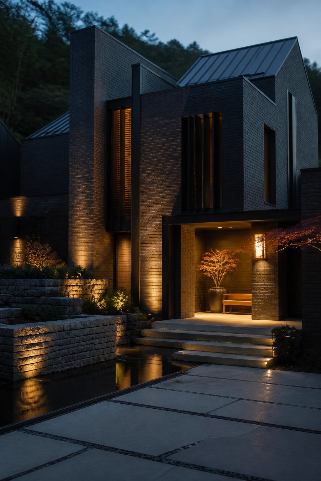 Modern dark brick house with warm lights, pond, and stone steps at dusk