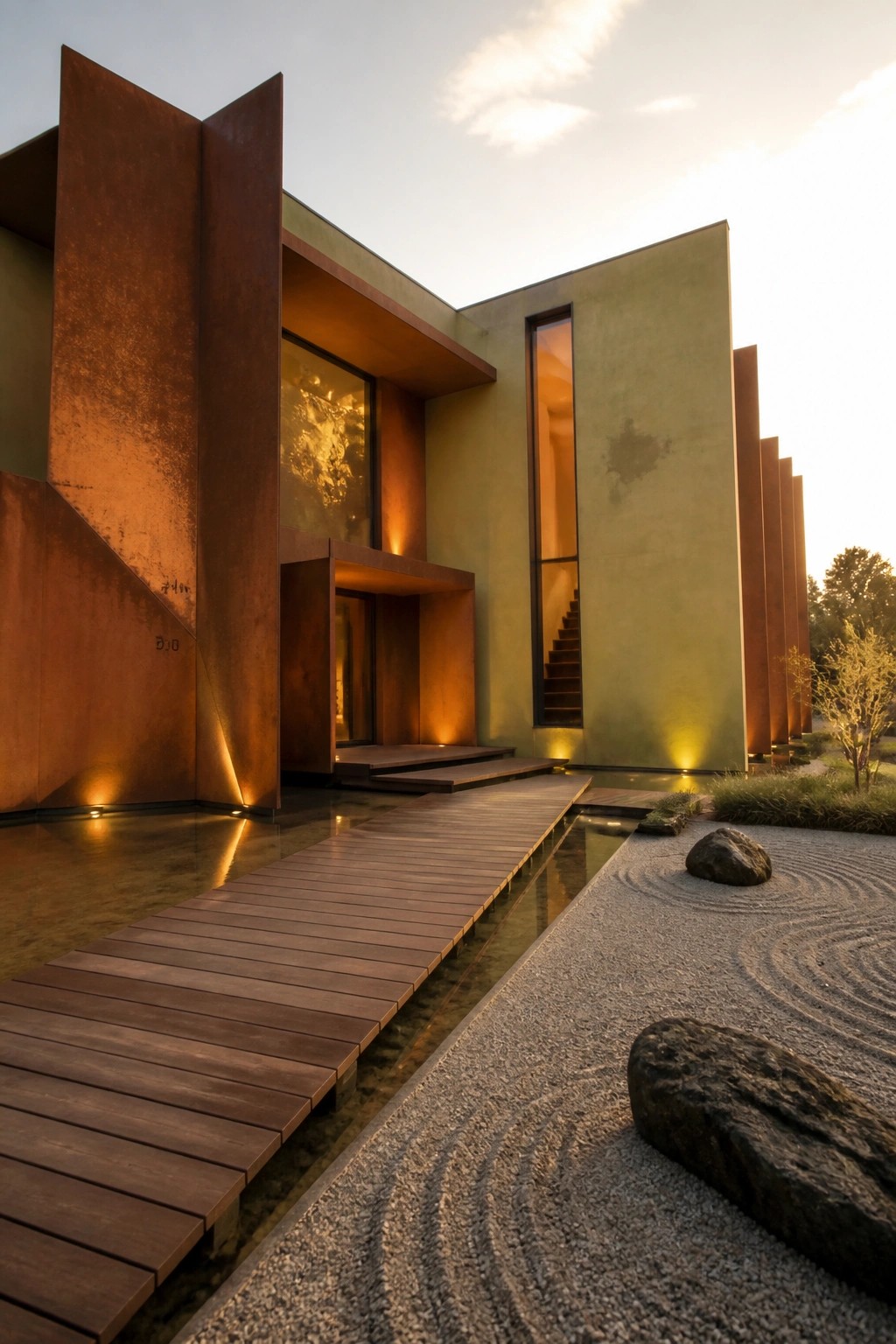 Modern house exterior with large rusted metal panels on the left, a green stucco wall on the right, a wooden walkway over water, and a raked gravel garden in the foreground.
