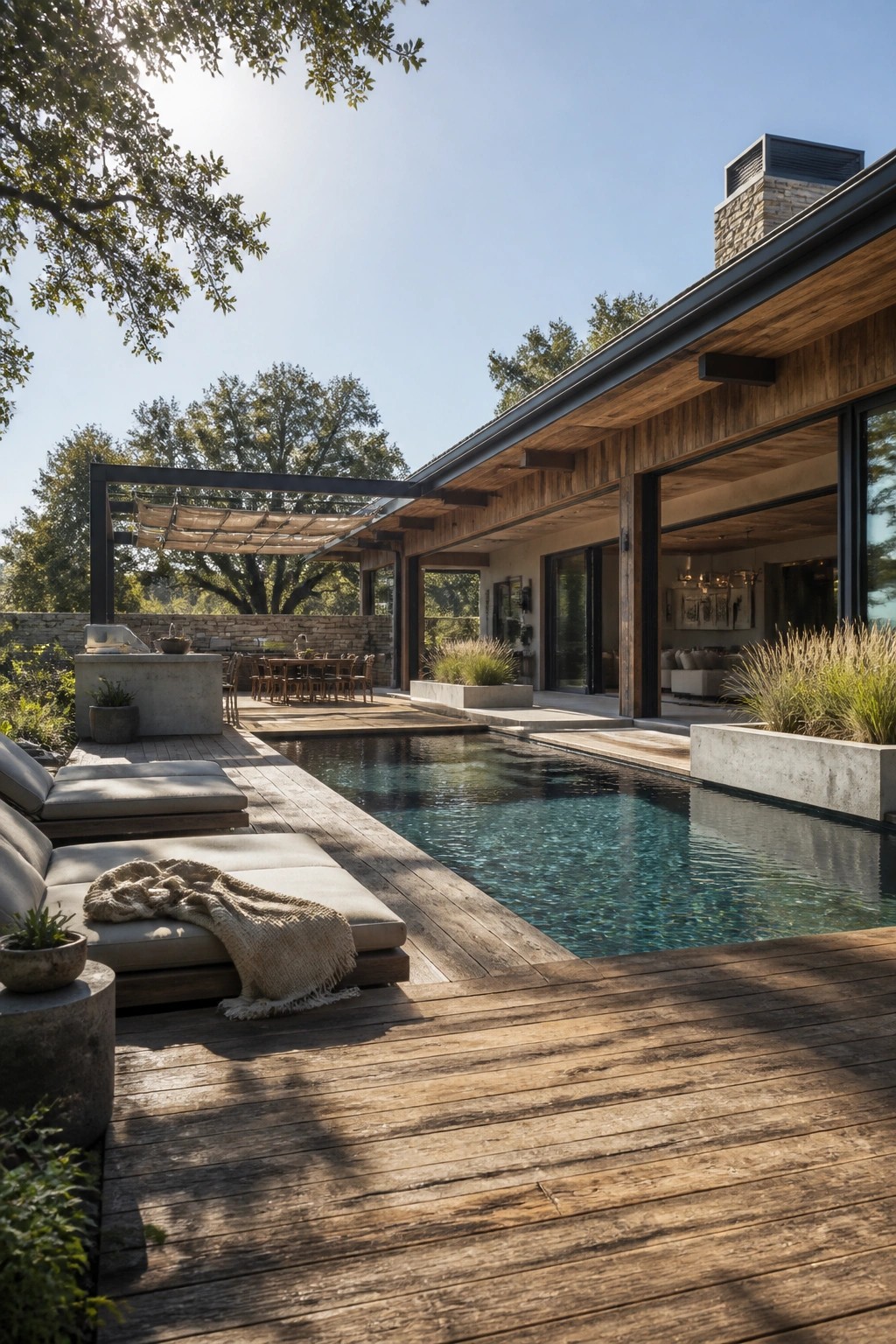 A modern house with a long rectangular pool running alongside a wooden deck that holds lounge chairs in the foreground and a covered dining area near an outdoor kitchen.