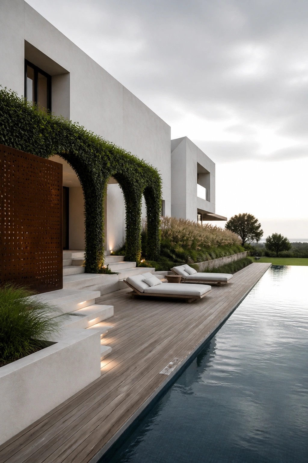 A modern white house with a long wooden deck running parallel to a rectangular pool, two white lounge chairs placed near the water, and green vines growing over arched structures on the building.