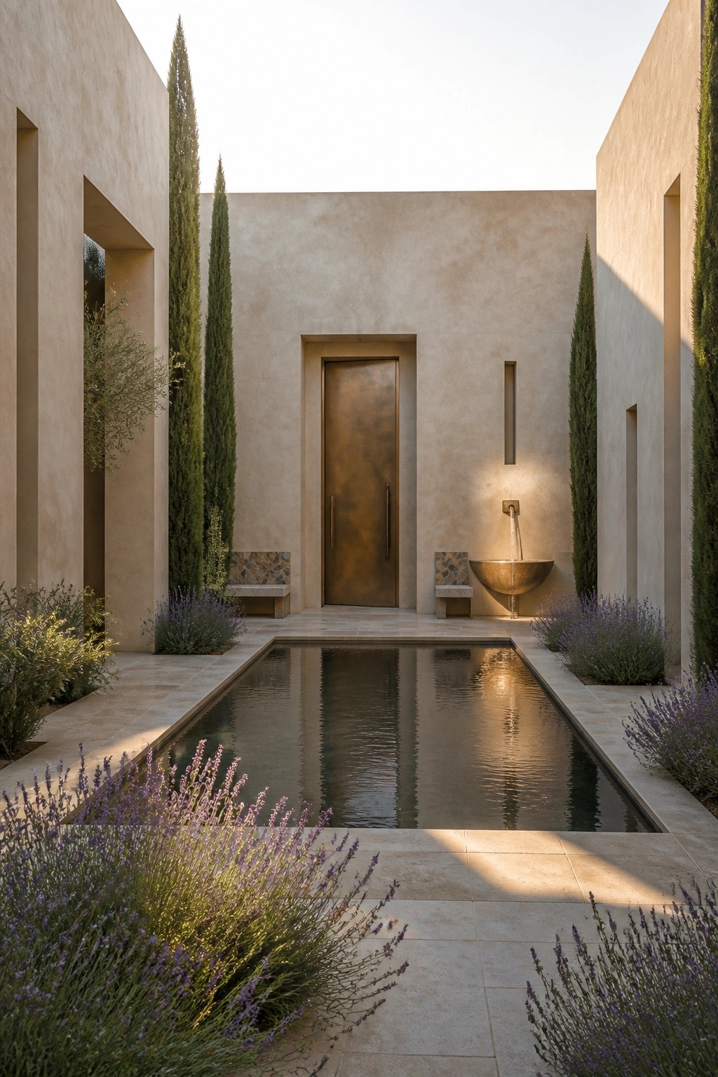 Tranquil courtyard with long reflecting pool, bronze door, cypress trees, and lavender plants.