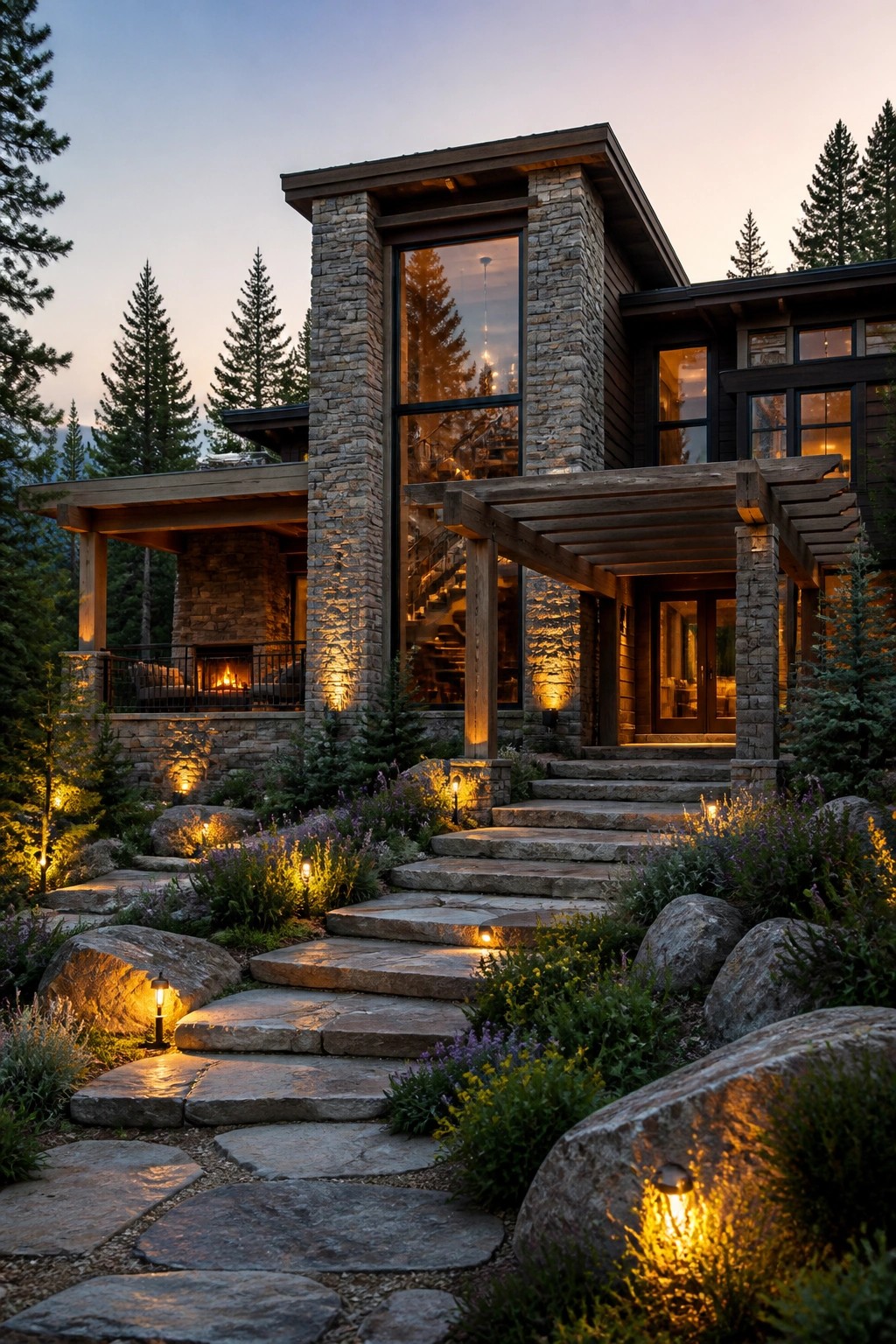 Stone and wood luxury home with glowing stairs and pathway lights at dusk