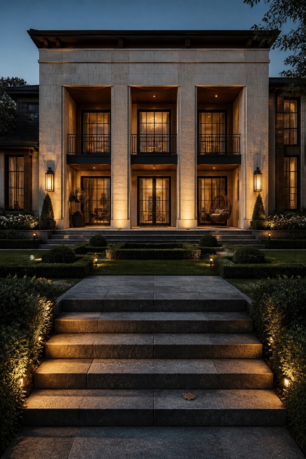 Elegant stone mansion illuminated at dusk with grand staircase and manicured gardens