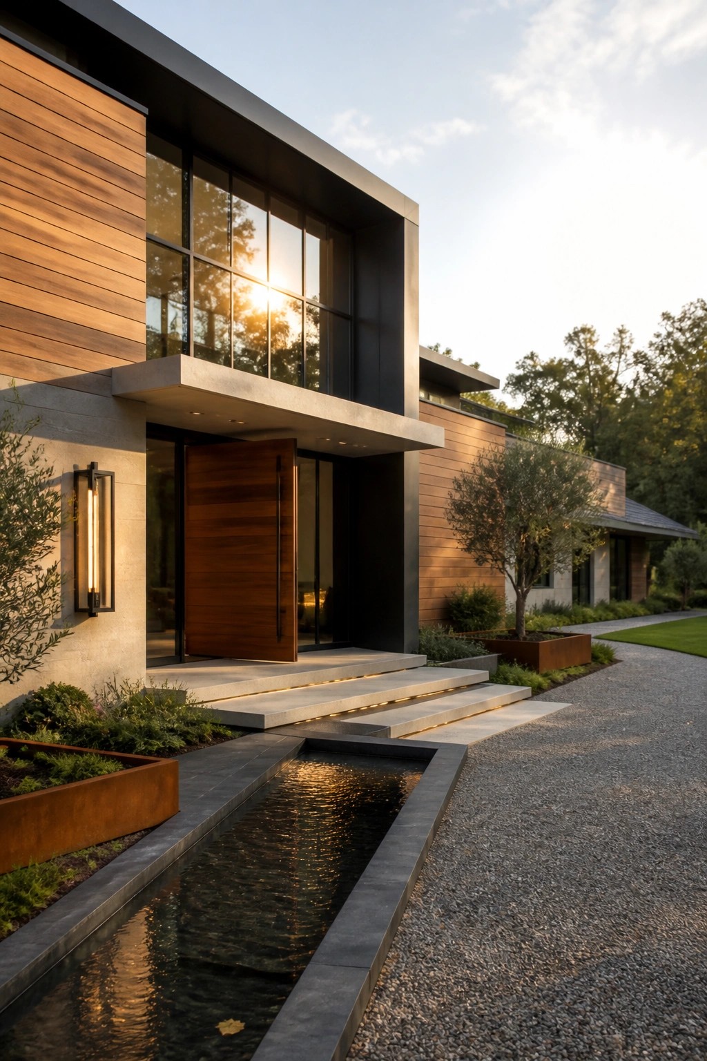 Modern mansion exterior featuring a prominent wooden front door beneath a concrete overhang, with lit concrete steps and a linear water feature leading to the entrance.