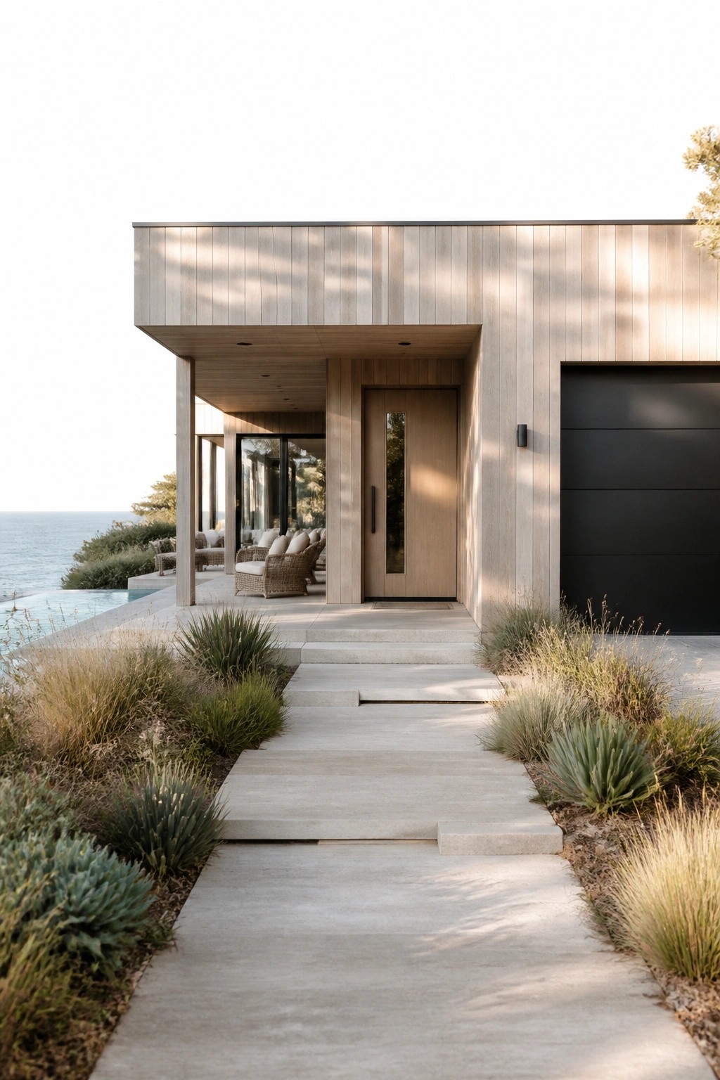 Modern villa exterior with light wood siding, a wooden front door under a cantilevered overhang, black garage door to the right, and a concrete path leading to the entrance.