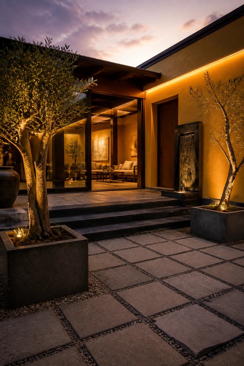 Modern villa front entrance at dusk showing a dark stone water feature on the yellow wall beside the doorway, with concrete planters holding lit trees and wide steps leading to an open interior.