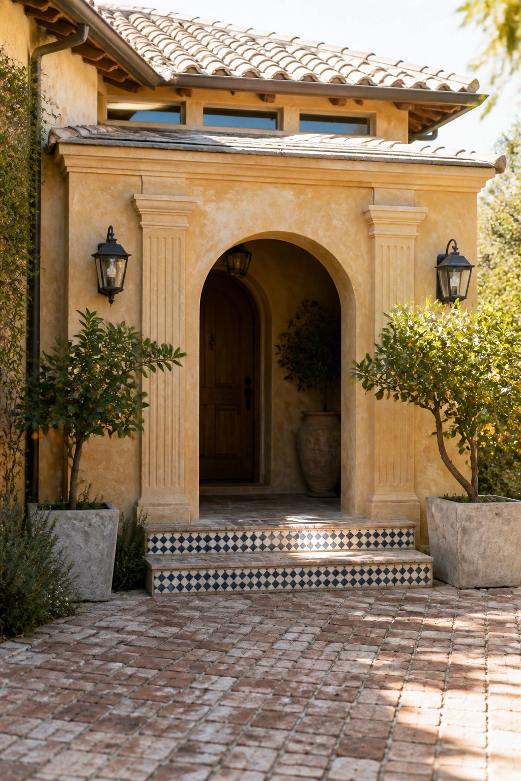 Front view of a villa entrance with a large arched doorway framed by columns, potted plants on either side, and a brick-paved approach.