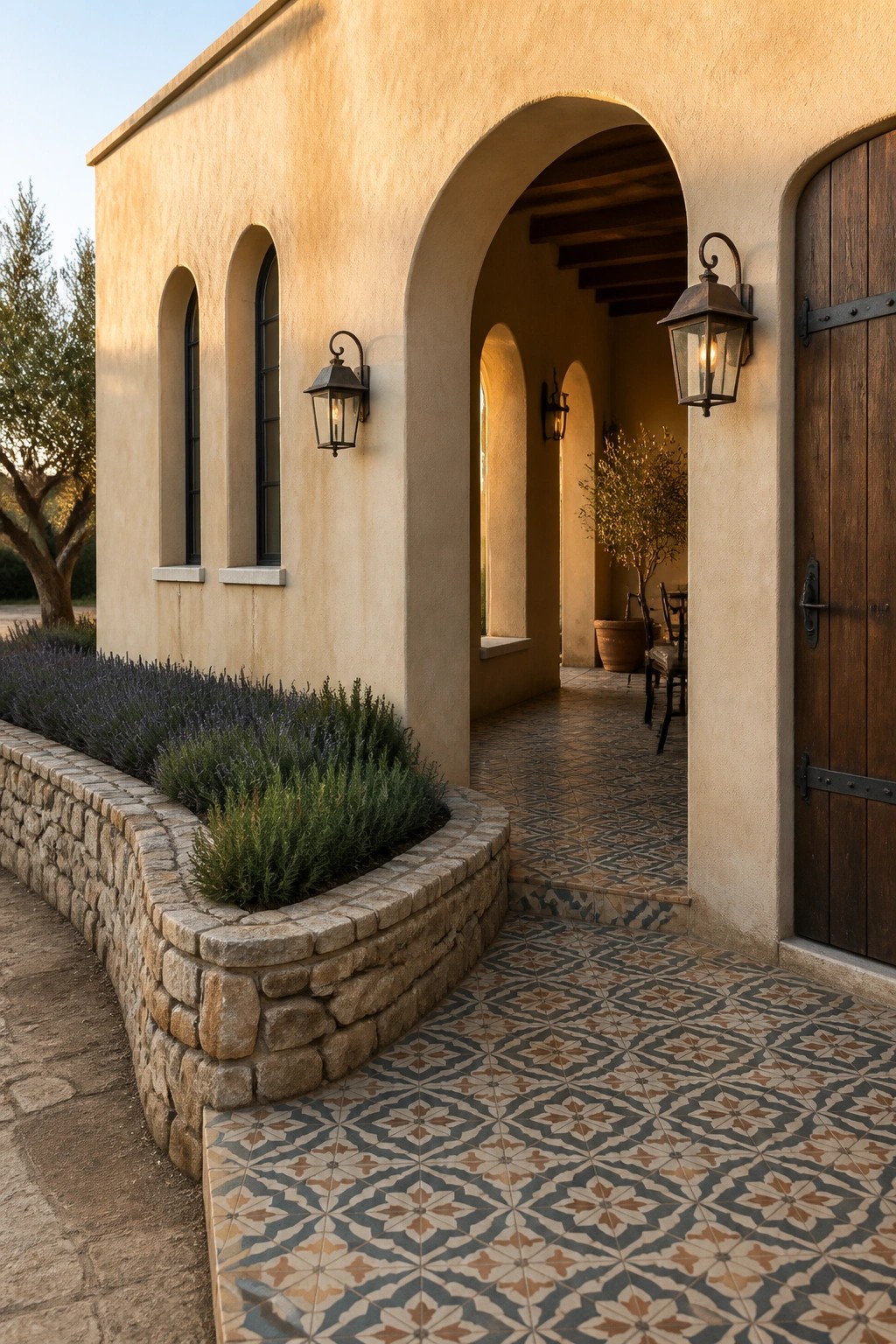 Front view of a stucco villa exterior featuring multiple arches over windows and doorways, a patterned tile walkway, a wooden door, and wall-mounted lanterns.