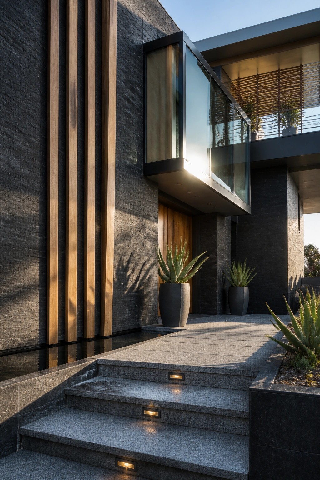 Modern dark stone house entrance with glass overhang, wooden door, and potted succulents.