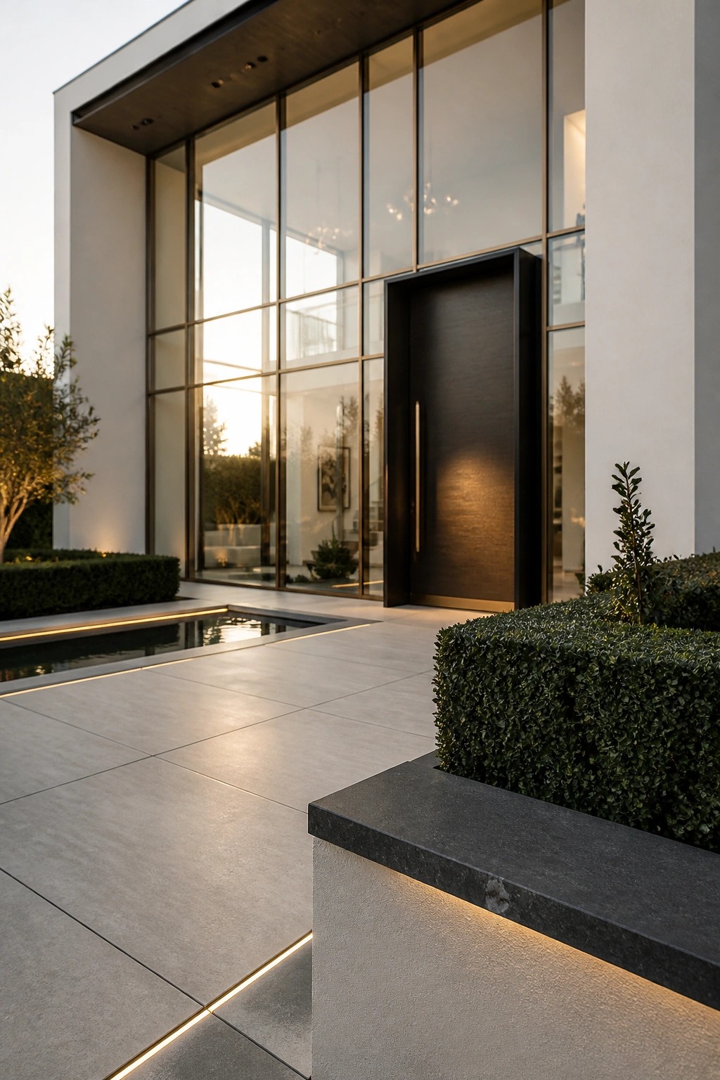 Modern house front with large grid glass windows, a dark solid door, light stone paving, and trimmed hedges beside a shallow water feature.