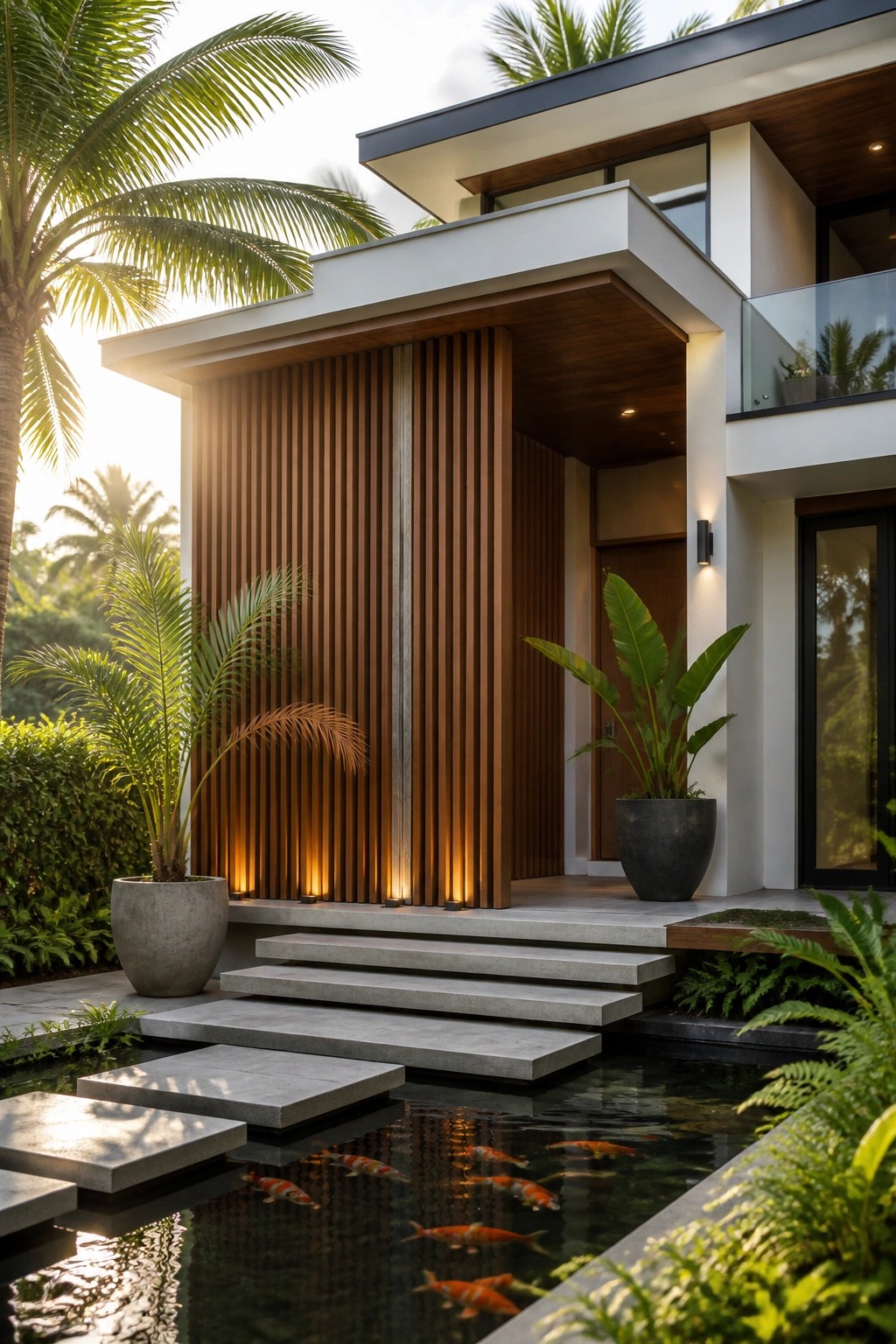 Modern villa front with concrete stepping stones crossing a koi pond leading to gray stairs and vertical wood slats on the entrance wall.