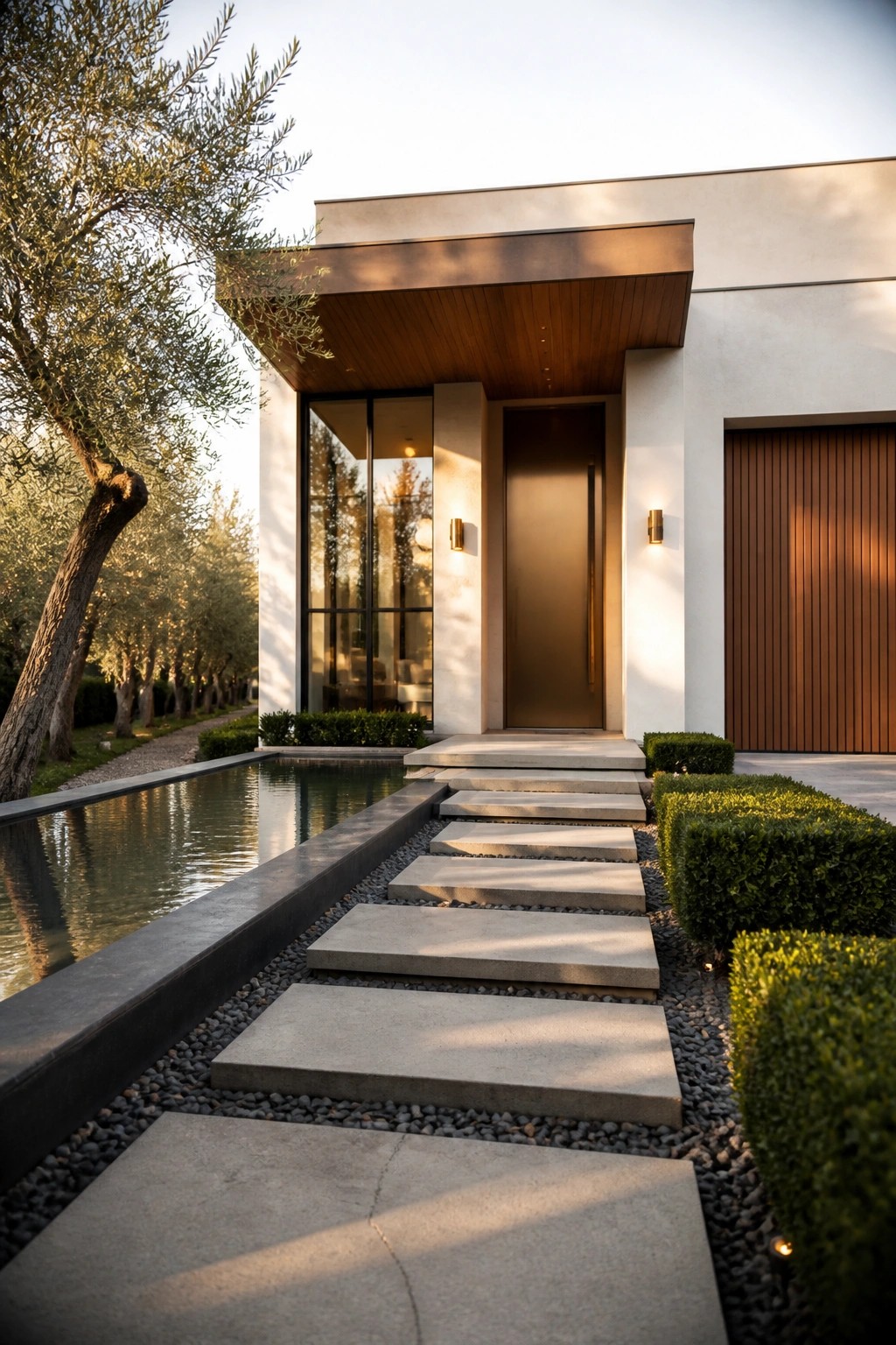A modern villa entrance featuring wide concrete stepping stones on gravel leading to a tall dark door, with a long reflecting pool on the left and trimmed hedges on the right.