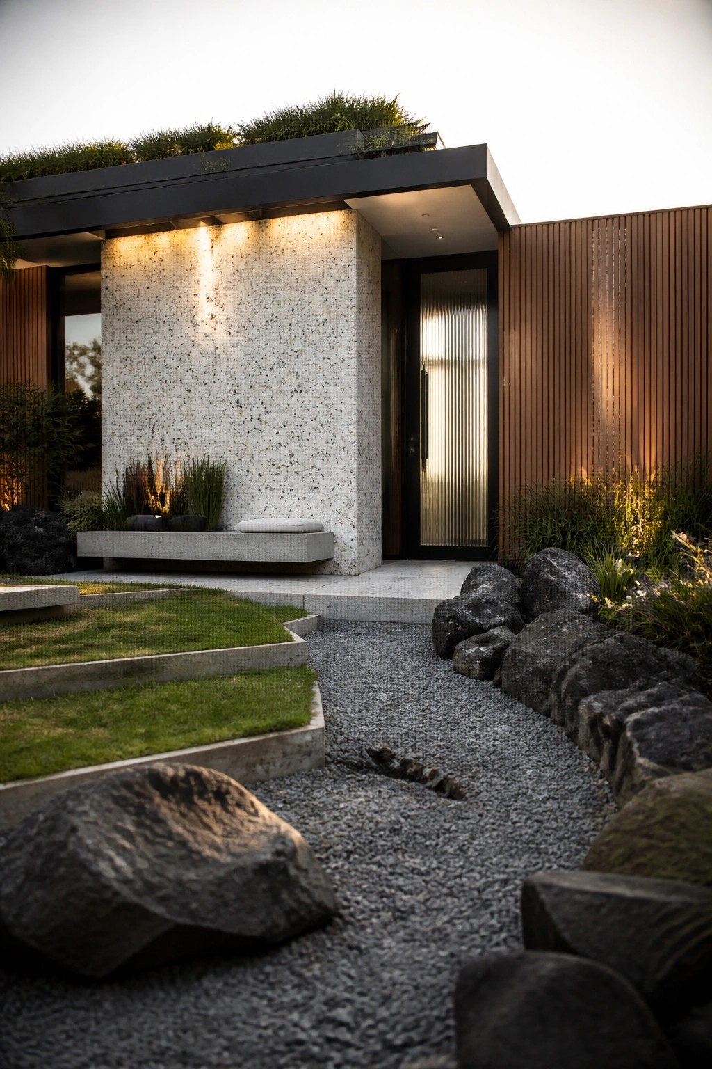 Modern villa entrance with a large white speckled concrete wall, black door with vertical glass slats, gravel path lined with dark boulders, and low landscaping.
