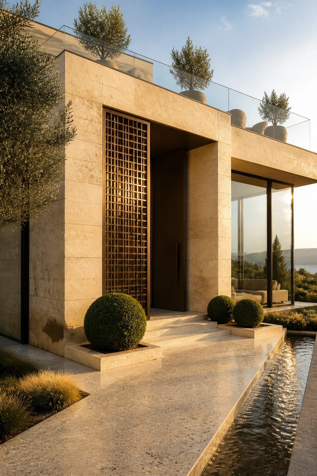 Modern villa front entrance featuring beige stone walls, a dark door, a vertical bronze grid screen, stone steps, and a narrow water channel alongside the walkway.