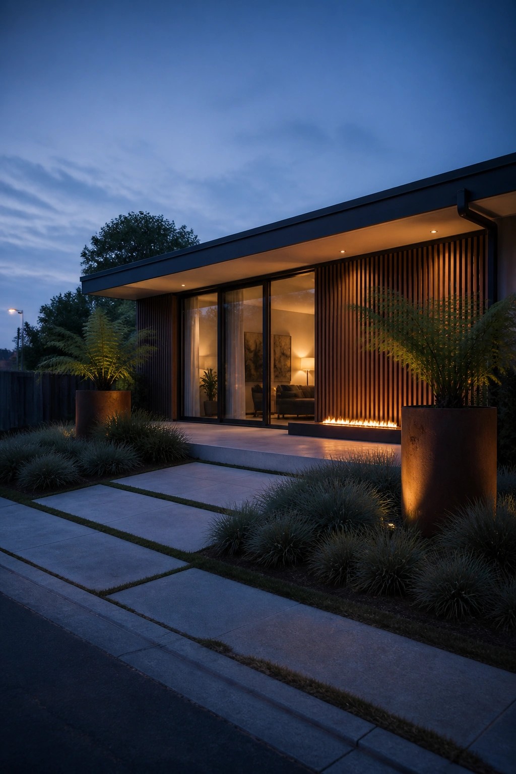 Modern single-story villa exterior at dusk with dark roof overhang, large glass sliding doors, vertical wood slats, linear fire feature, and two large potted ferns beside a concrete walkway.