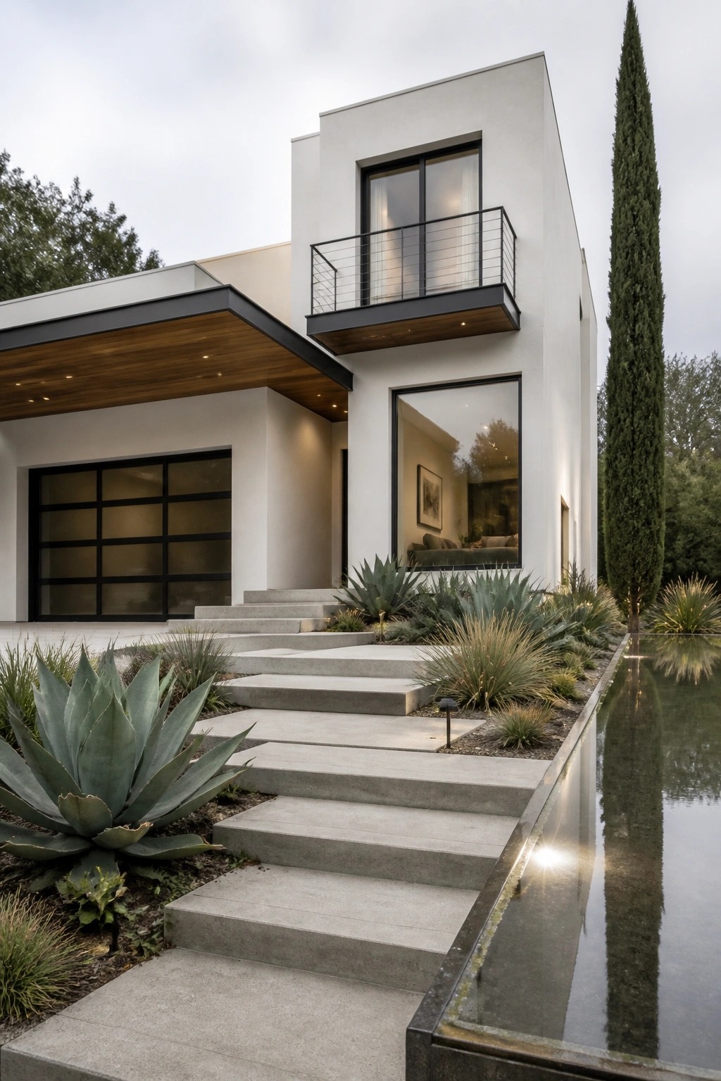 Modern white house with concrete stairs, agave plants, balcony, and water feature.