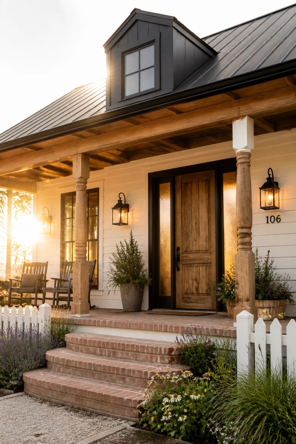 Front view of a white house with a gabled metal roof, wooden porch columns, a wooden front door with black trim and sidelight, brick steps, and a white picket fence with landscaping.