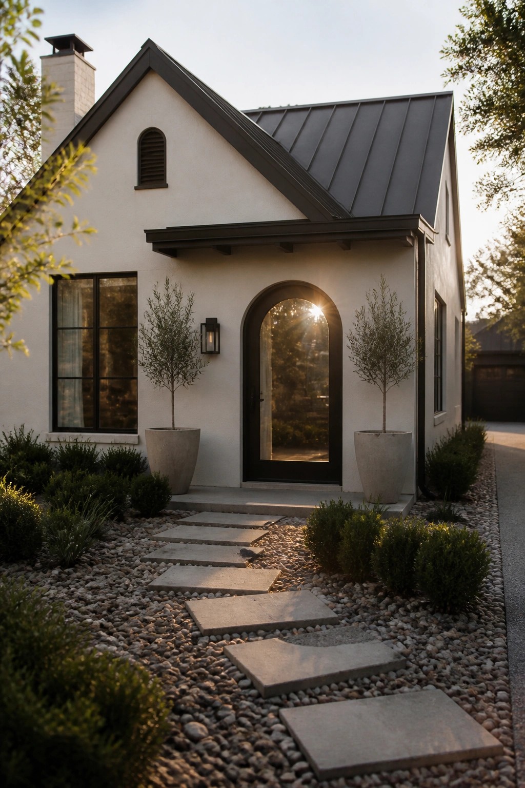 A modern white house exterior featuring a prominent dark-framed arched front door, two large potted trees, and a concrete stepping stone path across gravel.