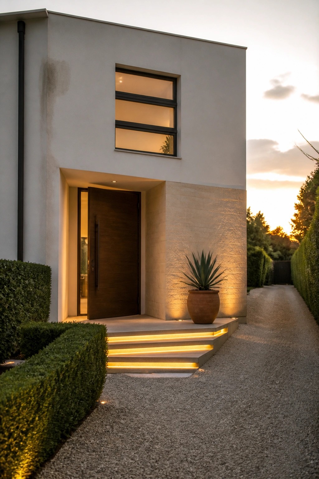 Modern white house exterior showing a dark wood front door, stone accent wall, and concrete steps with built-in linear lighting, next to a large terracotta pot with an agave plant.