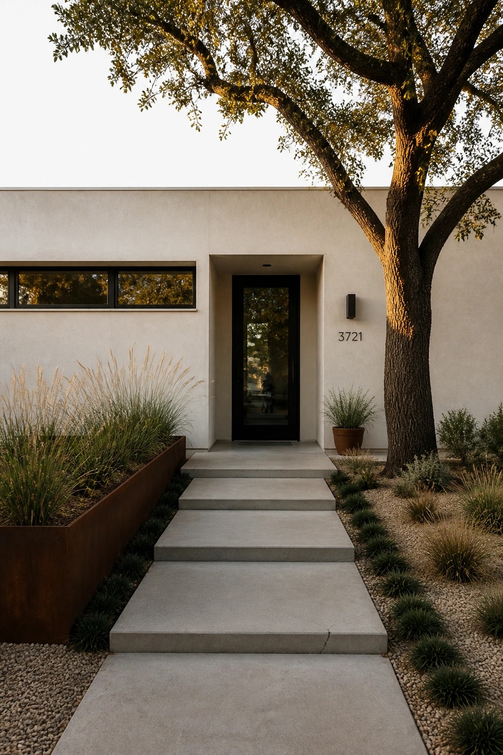 Front view of a modern house with light stucco walls, a black door recessed in the center, wide concrete steps and walkway, a large tree on the right, and a rusted metal planter with grasses on the left.