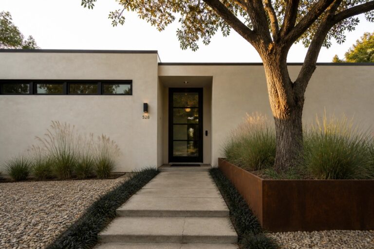 Front view of a modern house with light stucco walls, a black door recessed in the center, wide concrete steps and walkway, a large tree on the right, and a rusted metal planter with grasses on the left.