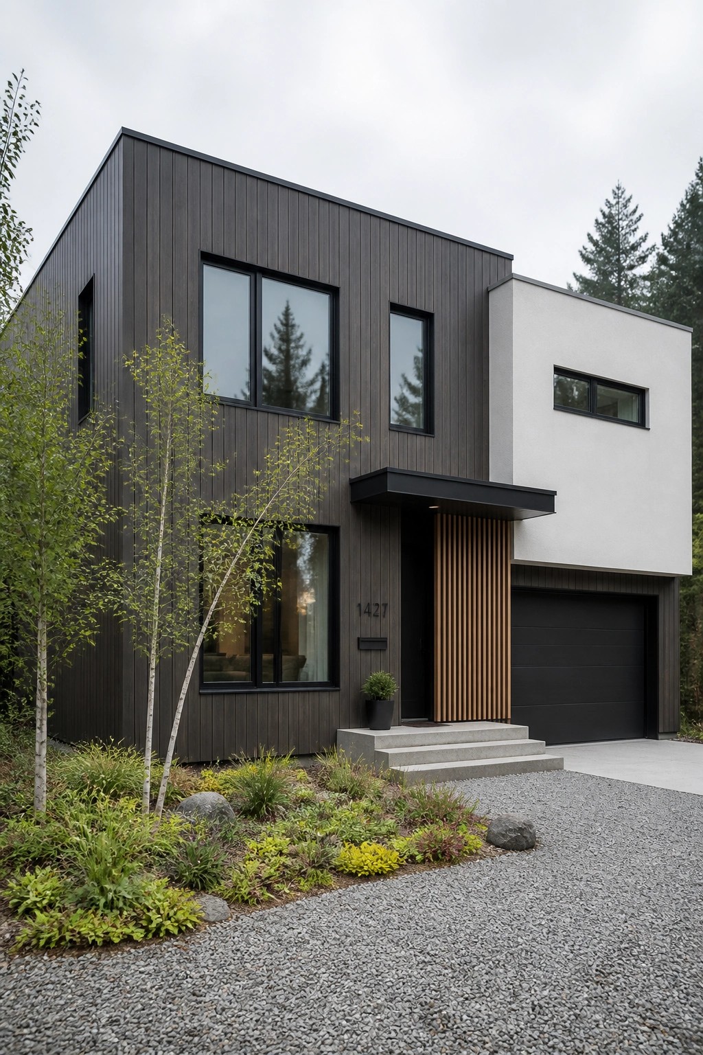 Modern two-story house with dark wood siding, black windows, garage, and gravel driveway.