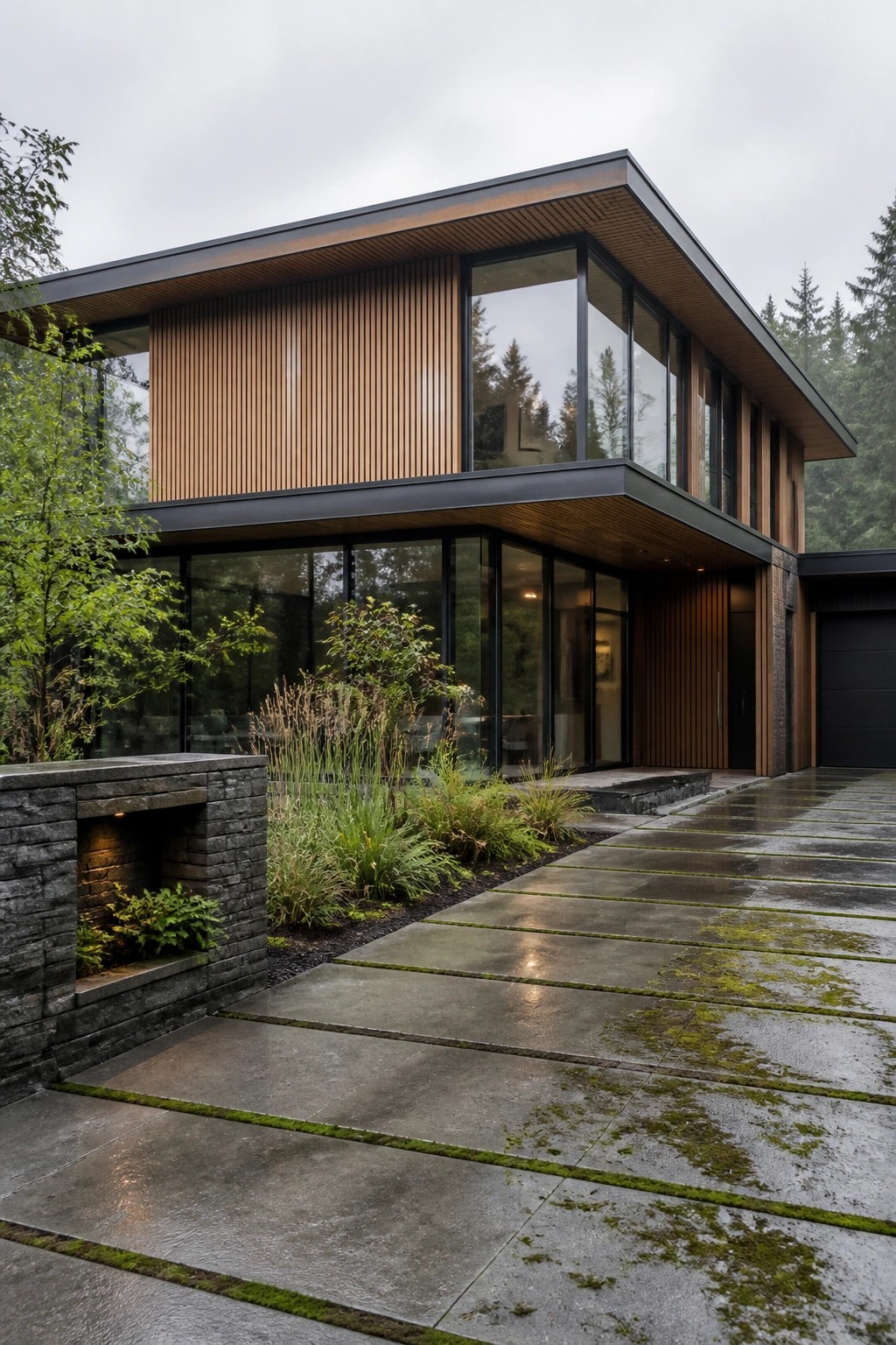 Modern wooden home with large glass windows and moss-covered stone driveway in forest.