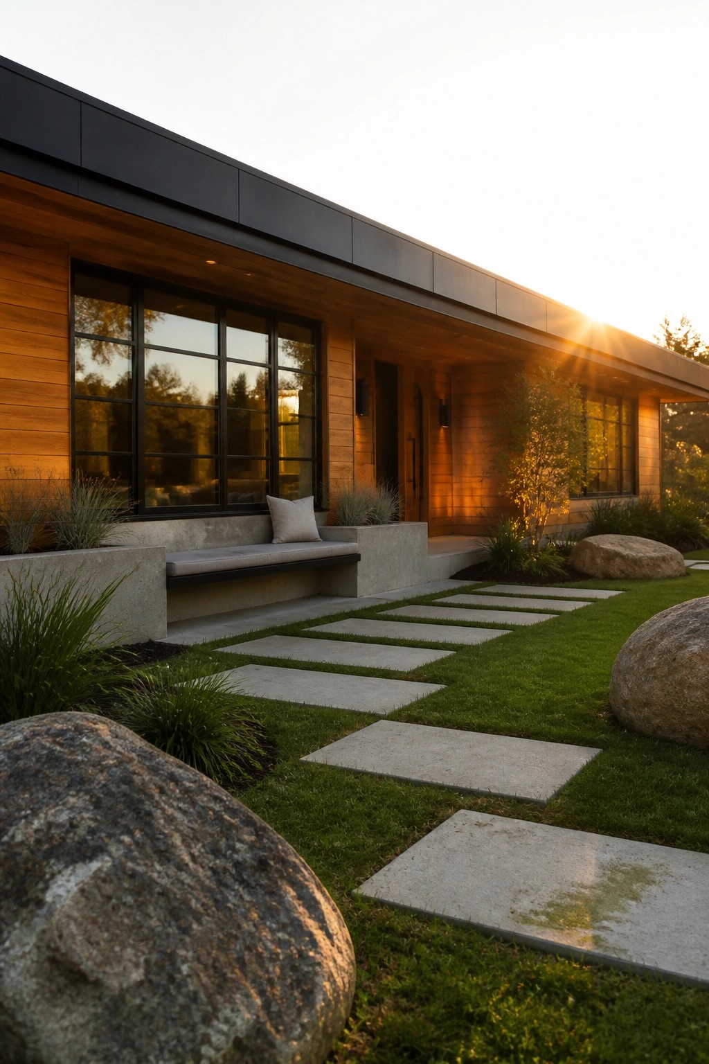 Modern wooden house with large windows, concrete bench, and stone pathway at sunset