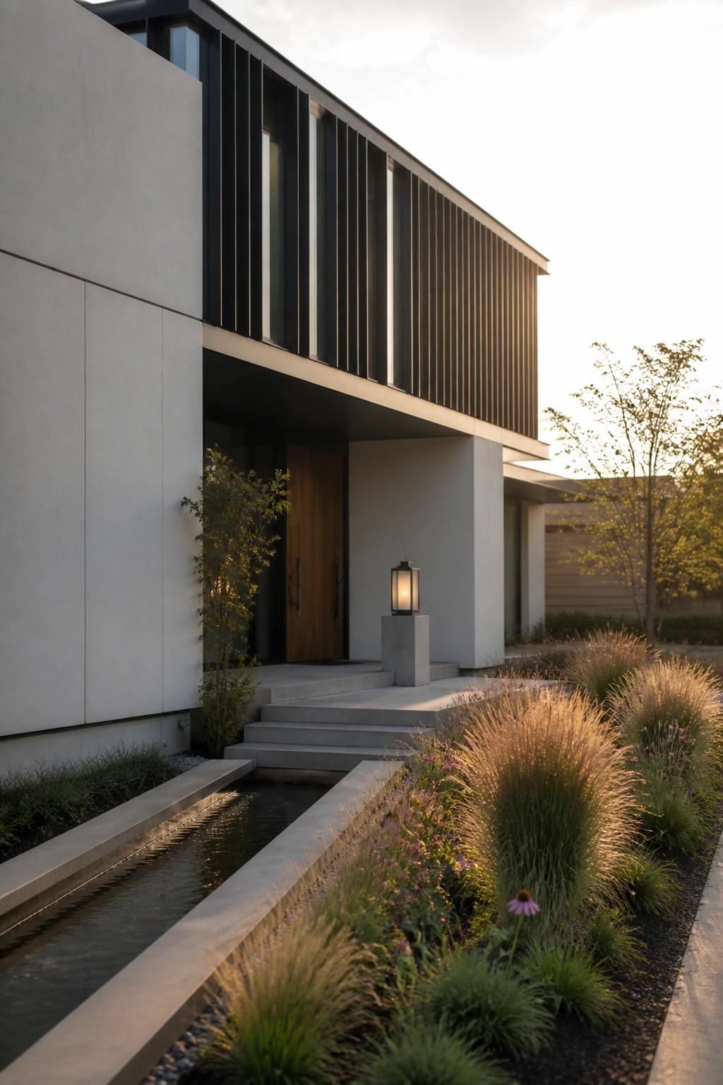 Modern two-story house exterior with light concrete walls, dark vertical slats on the upper facade, wooden front door, concrete steps, and a linear water channel beside the entry path.