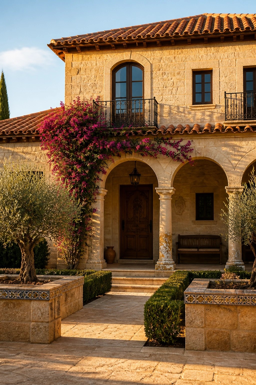 A light stone house exterior with arched entryways, a carved wooden door, black iron balconies, and magenta bougainvillea climbing across the facade above stone planters and paved steps.