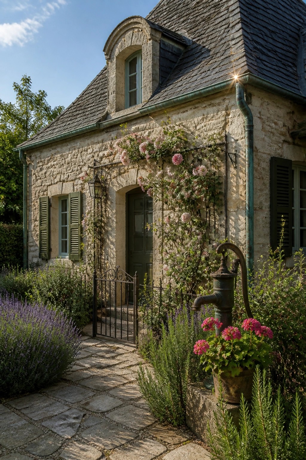 Stone house exterior with climbing pink roses on the facade, a dark green door, and a stone pathway leading to a small gate.