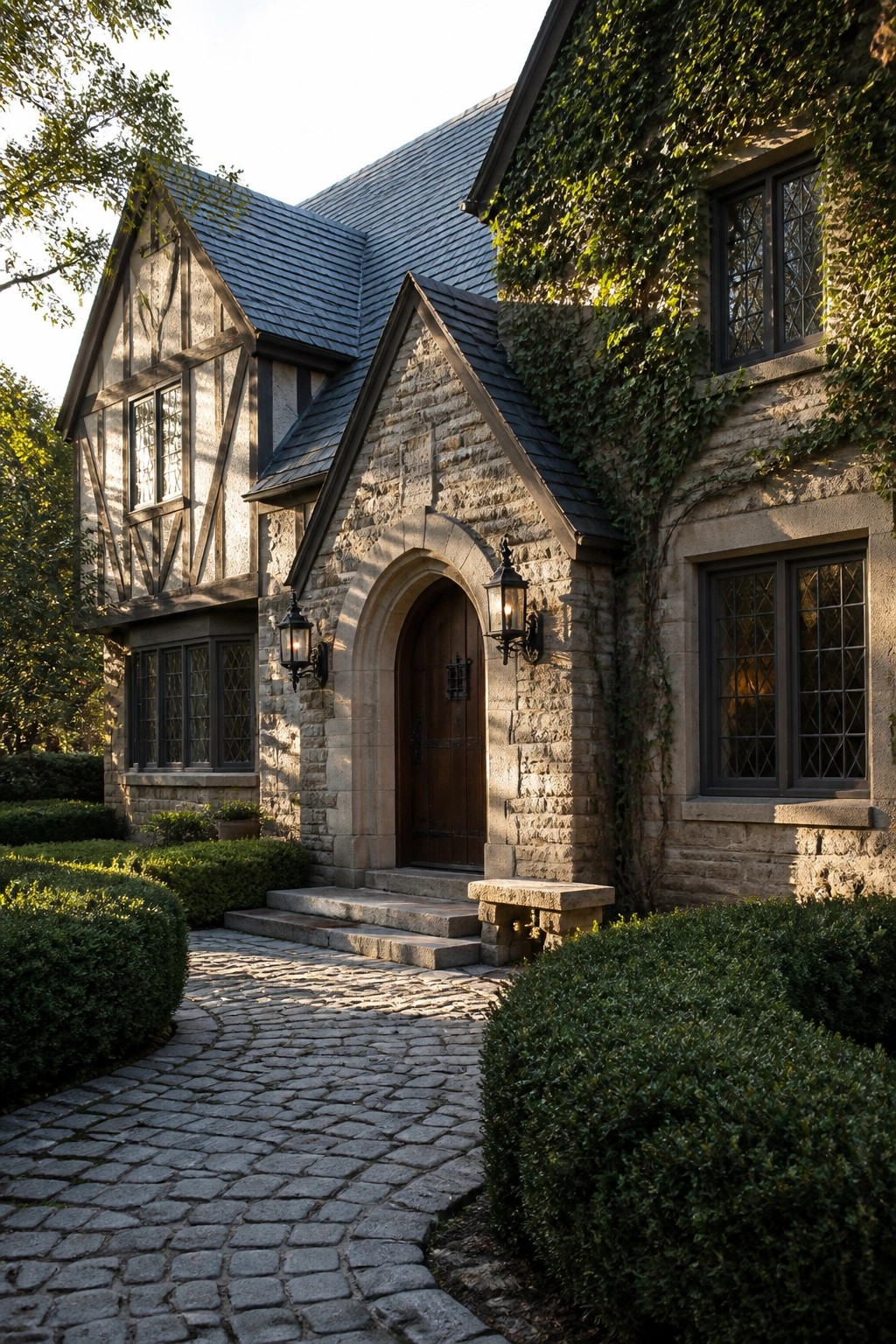 A stone house with an arched entryway, wooden door, and ivy growing along the walls, viewed from a cobblestone path.