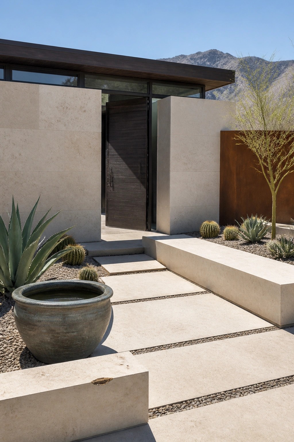 A modern home entrance with large beige stone wall panels flanking a dark wooden door, concrete steps and paths, and desert plants in gravel beds.