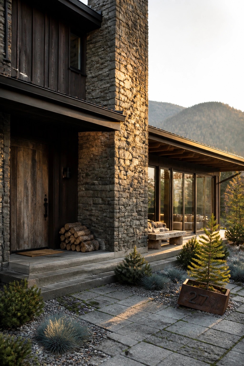 A house exterior with a tall stone chimney beside dark wood siding, a wooden door, concrete steps, and a paved walkway with small plants.