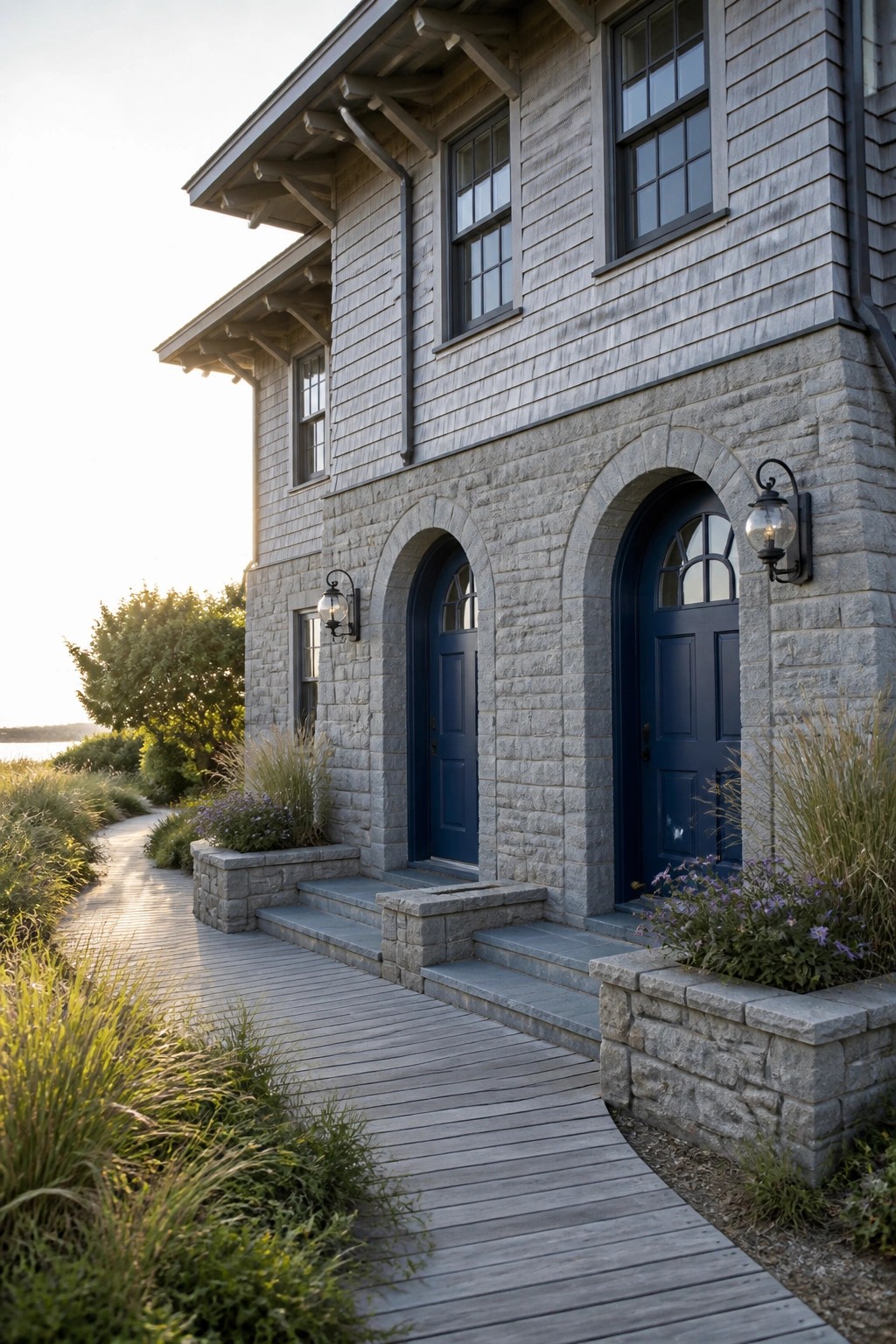 A two-story house exterior with gray stone on the lower level featuring two blue arched doors, wooden shingle siding above, and a wooden walkway leading to the entrance.