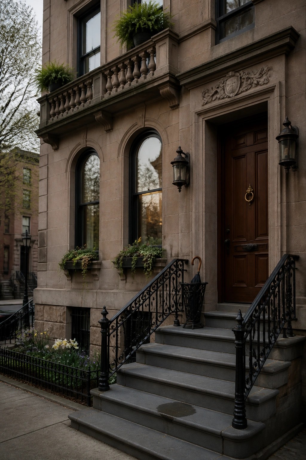 A multi-story stone house with large textured blocks, arched windows, a wooden front door, and stone steps with black railings.