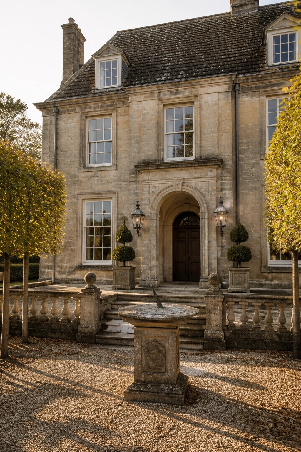 A large stone house exterior featuring an arched doorway with a dark wooden door, multiple multi-paned windows, and a stone sundial on gravel in the foreground.