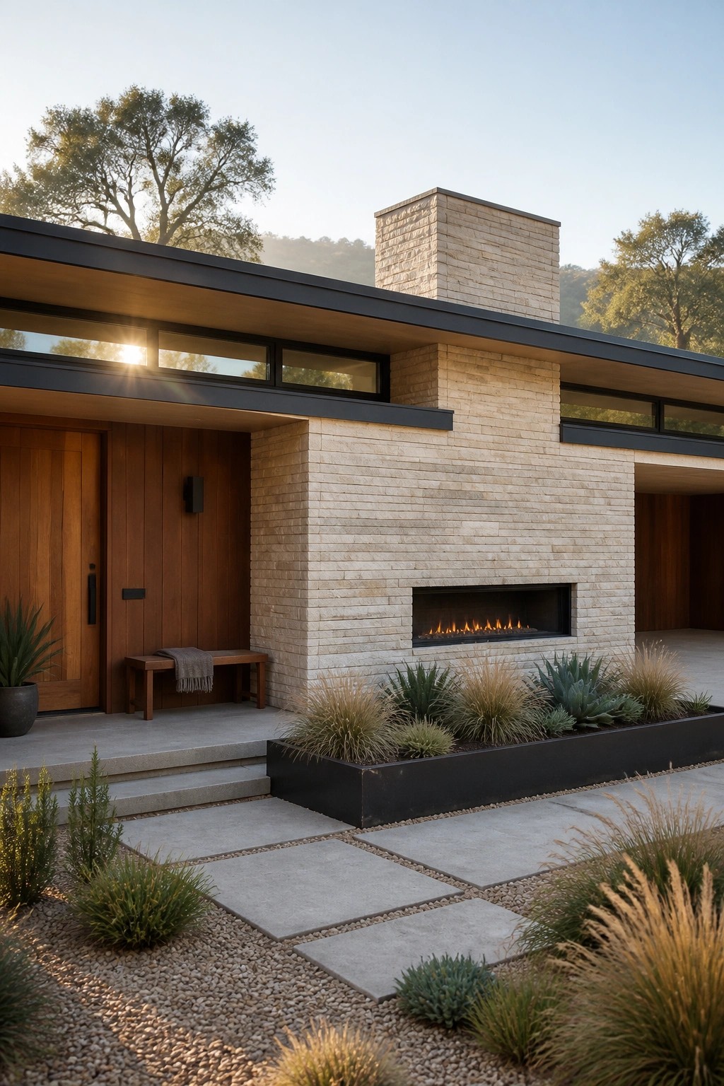 A modern house exterior with a prominent light-colored stacked stone wall containing an integrated fireplace, adjacent to wooden doors and a concrete pathway.
