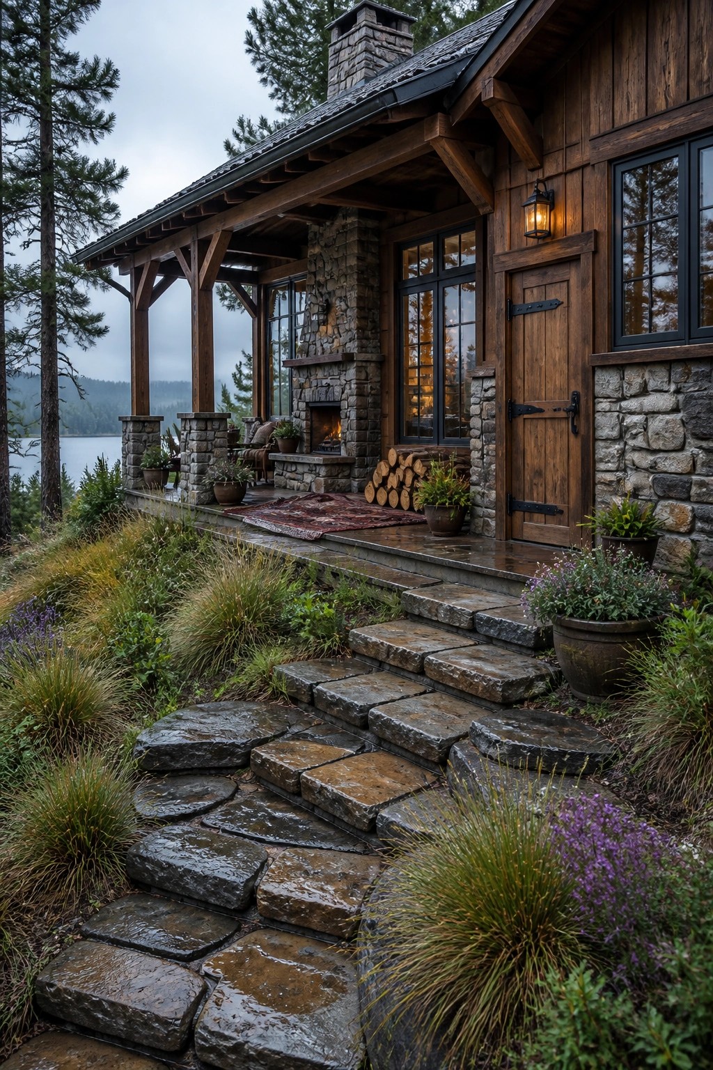 A wooden house exterior with stone chimney, stone foundation accents, and wide irregular stone steps leading to a covered porch.