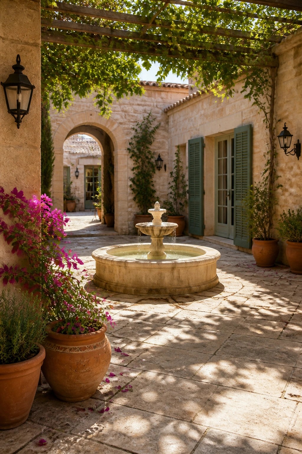 A stone courtyard featuring a round fountain, multiple arched openings, green vines on a wooden pergola, and potted plants along the walls.