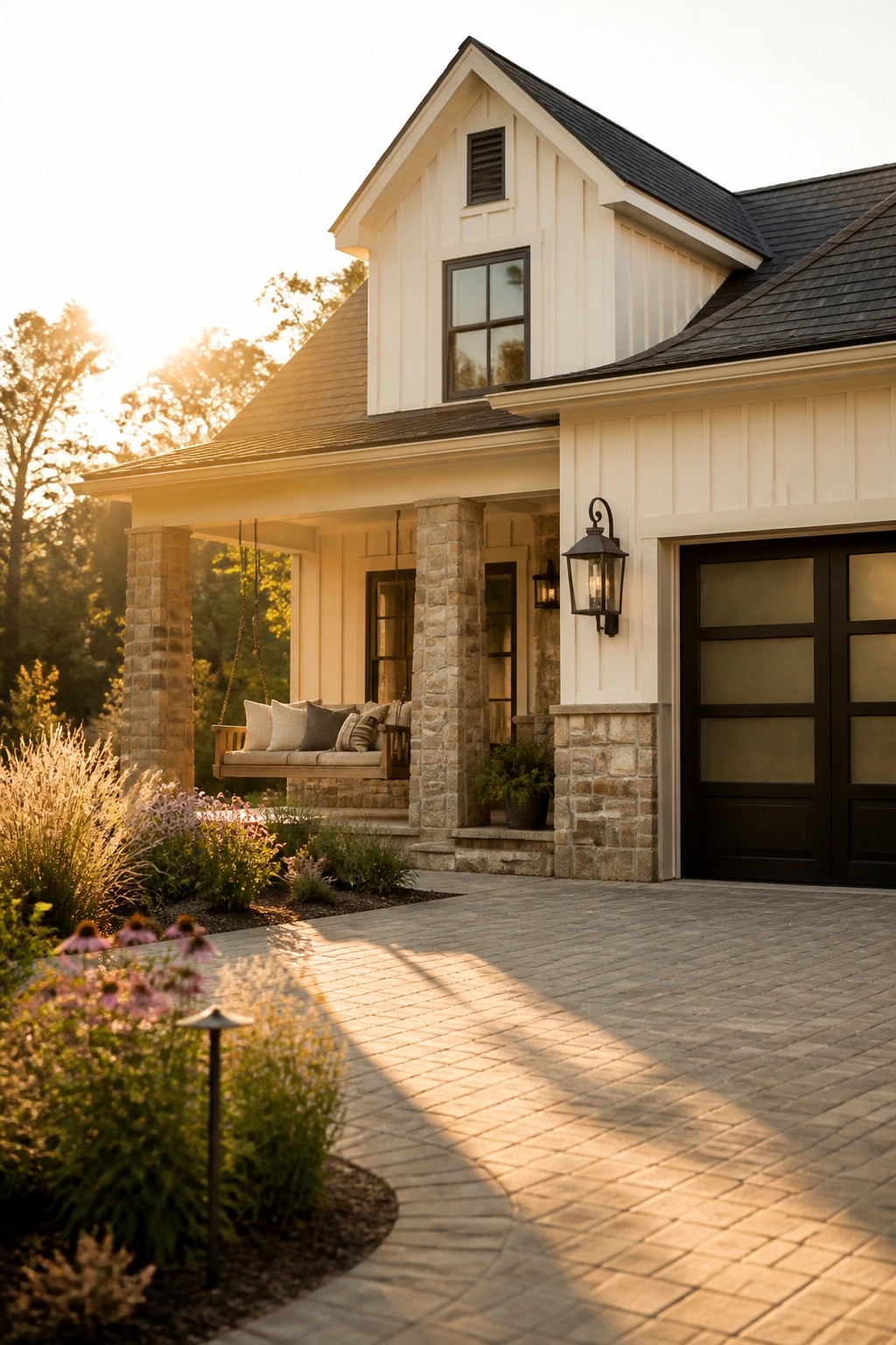 White house with porch swing on stone pillars, black garage, and blooming garden at sunset.