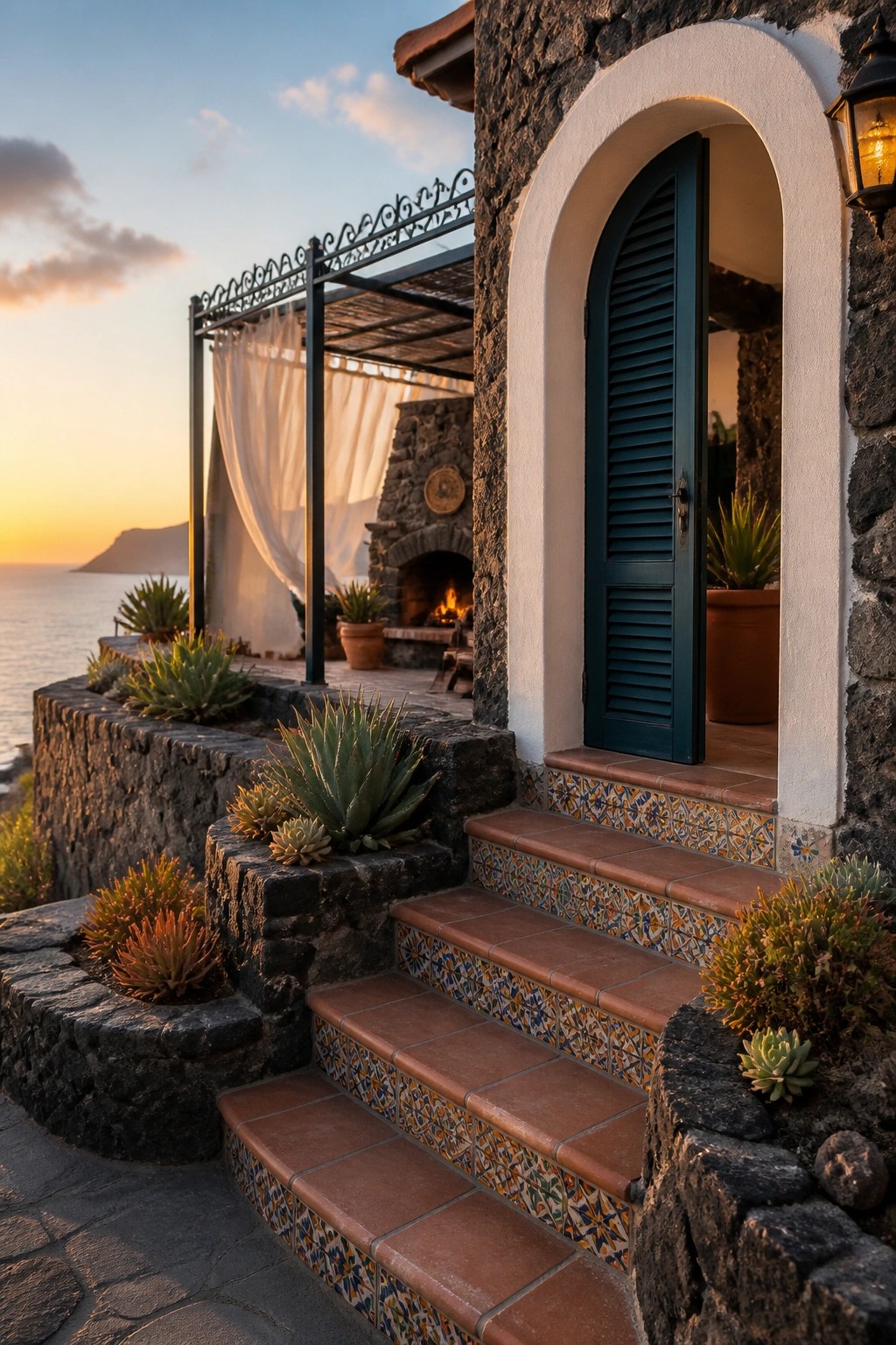 A stone house exterior features an arched teal door, tiled steps leading up from a paved area, and a terrace with a fireplace overlooking the sea.