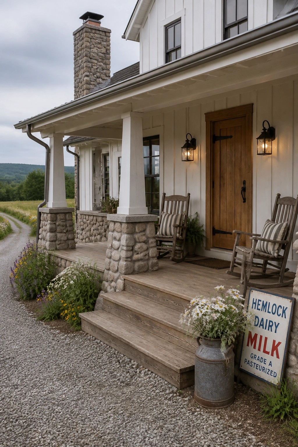 White house with wooden siding, stone porch columns and bases, rocking chairs on the deck, and a vintage milk sign near the steps.