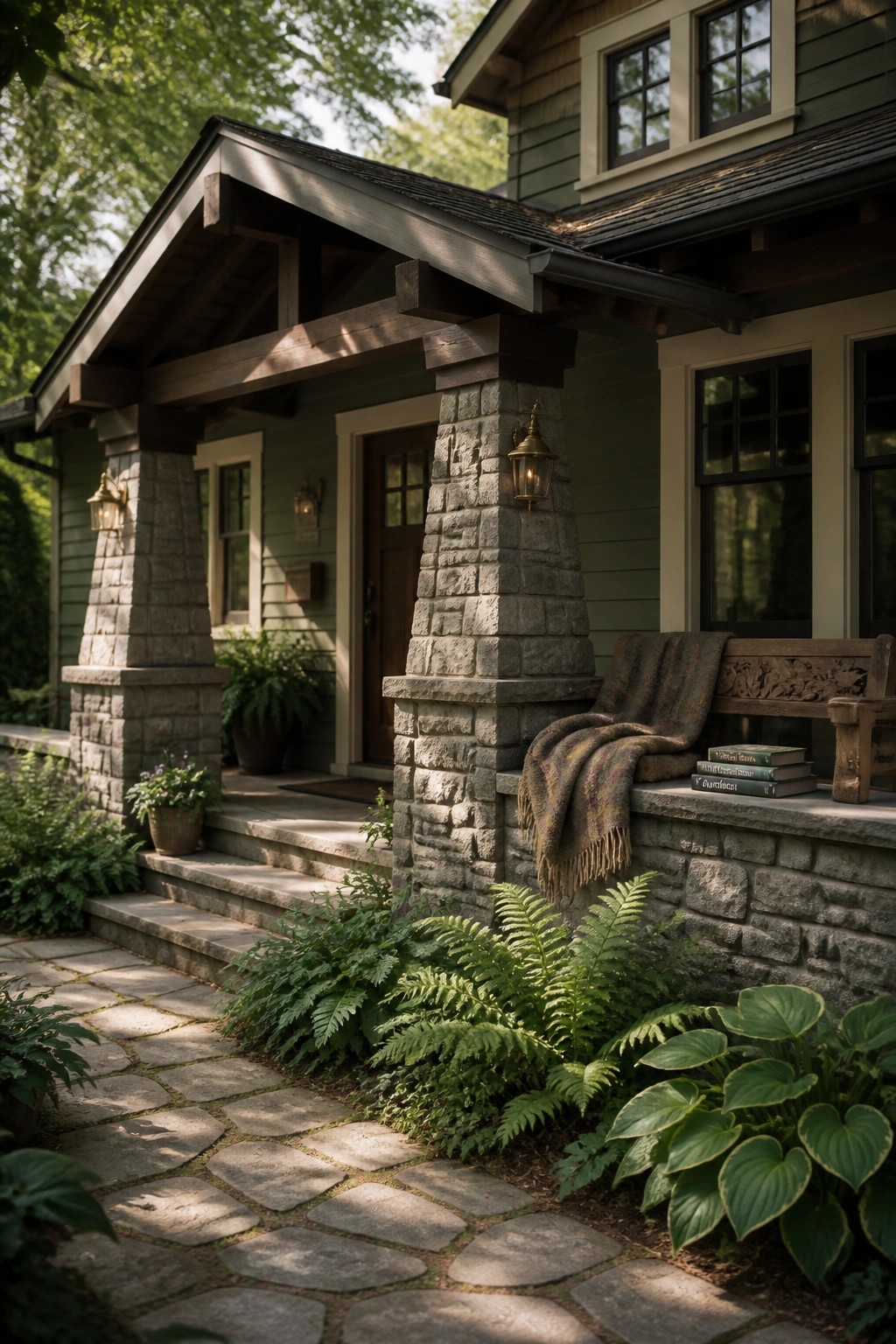 Green house porch with stone pillars, bench, books, blanket, and lush ferns.