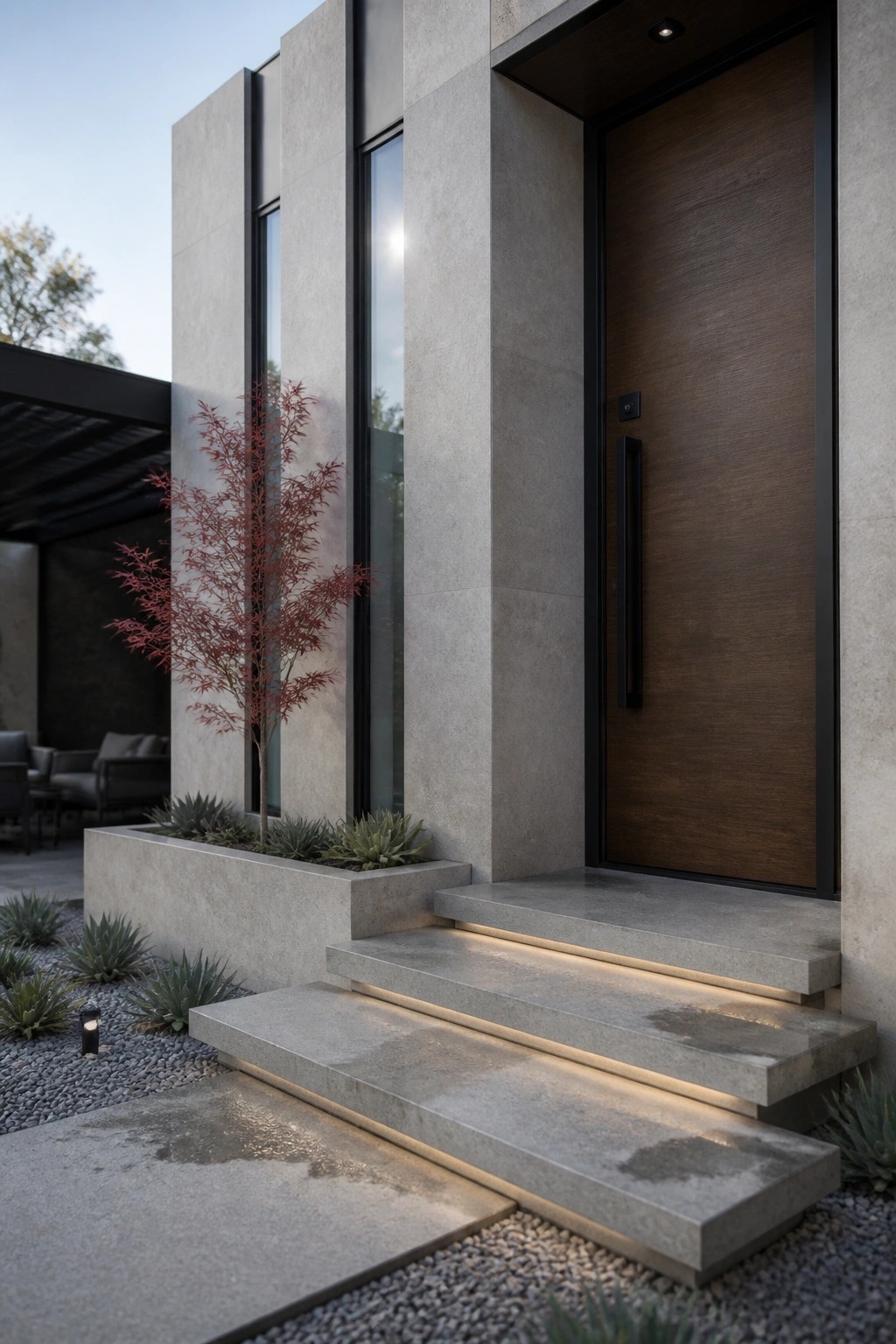 Modern concrete steps with lights lead to wooden door beside red tree planter.